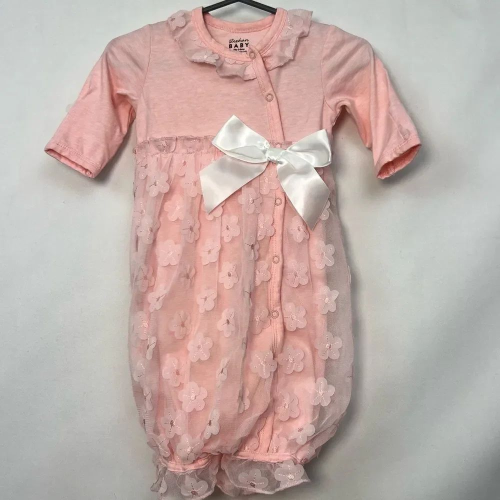 Stephan Baby Pink sleeping Gown with tulle floral overlay NWOT size 0-6 months